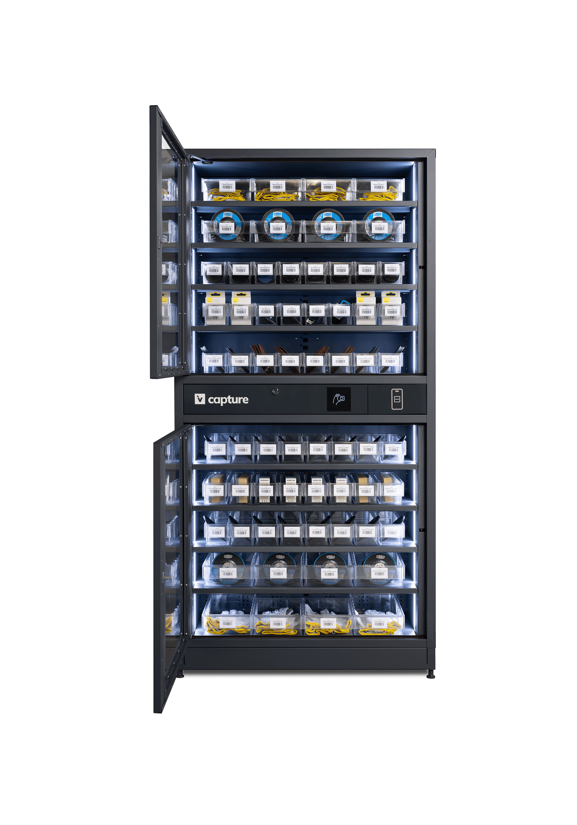 Industrial vending machine with open doors where you can see different consumables on 10 selves.