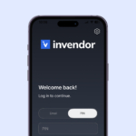 Smartfone which display has Invendor logo on it and the text reads 'Welcome back! Log in to contunue. Login, PIN'