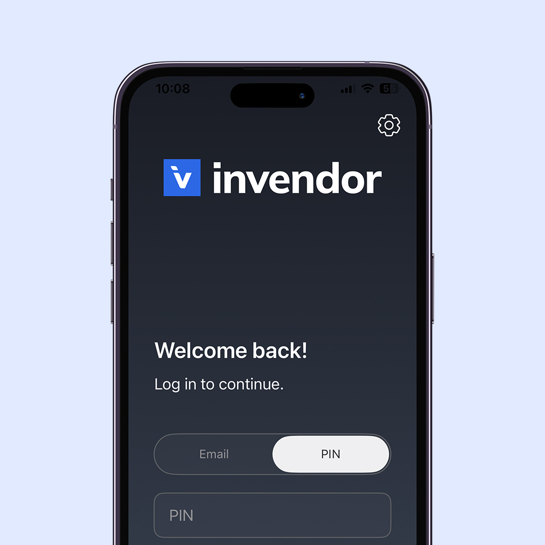 Smartfone which display has Invendor logo on it and the text reads 'Welcome back! Log in to contunue. Login, PIN'