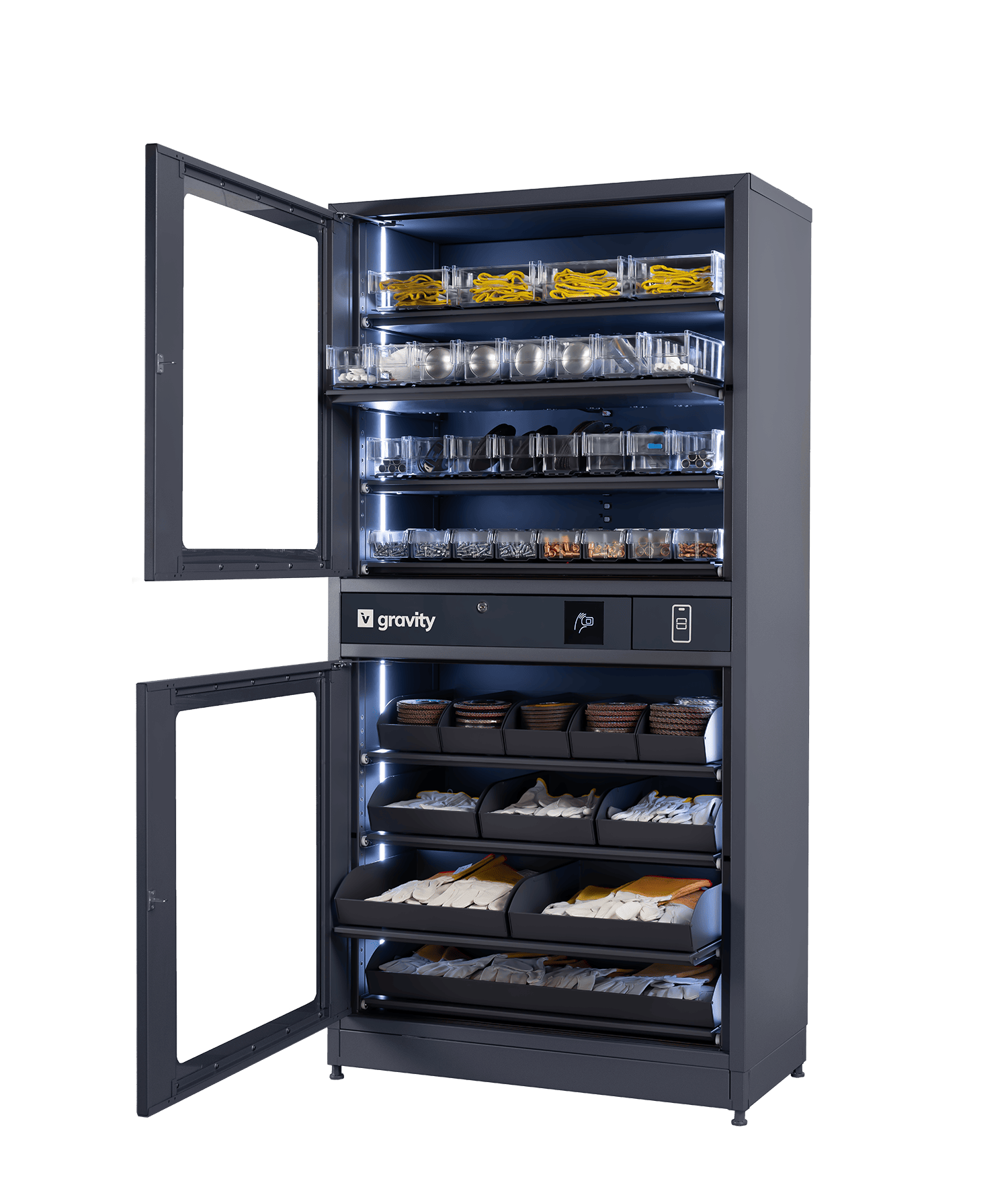 Industrial vending machine with open doors and on the shelves are different industrial consumables.