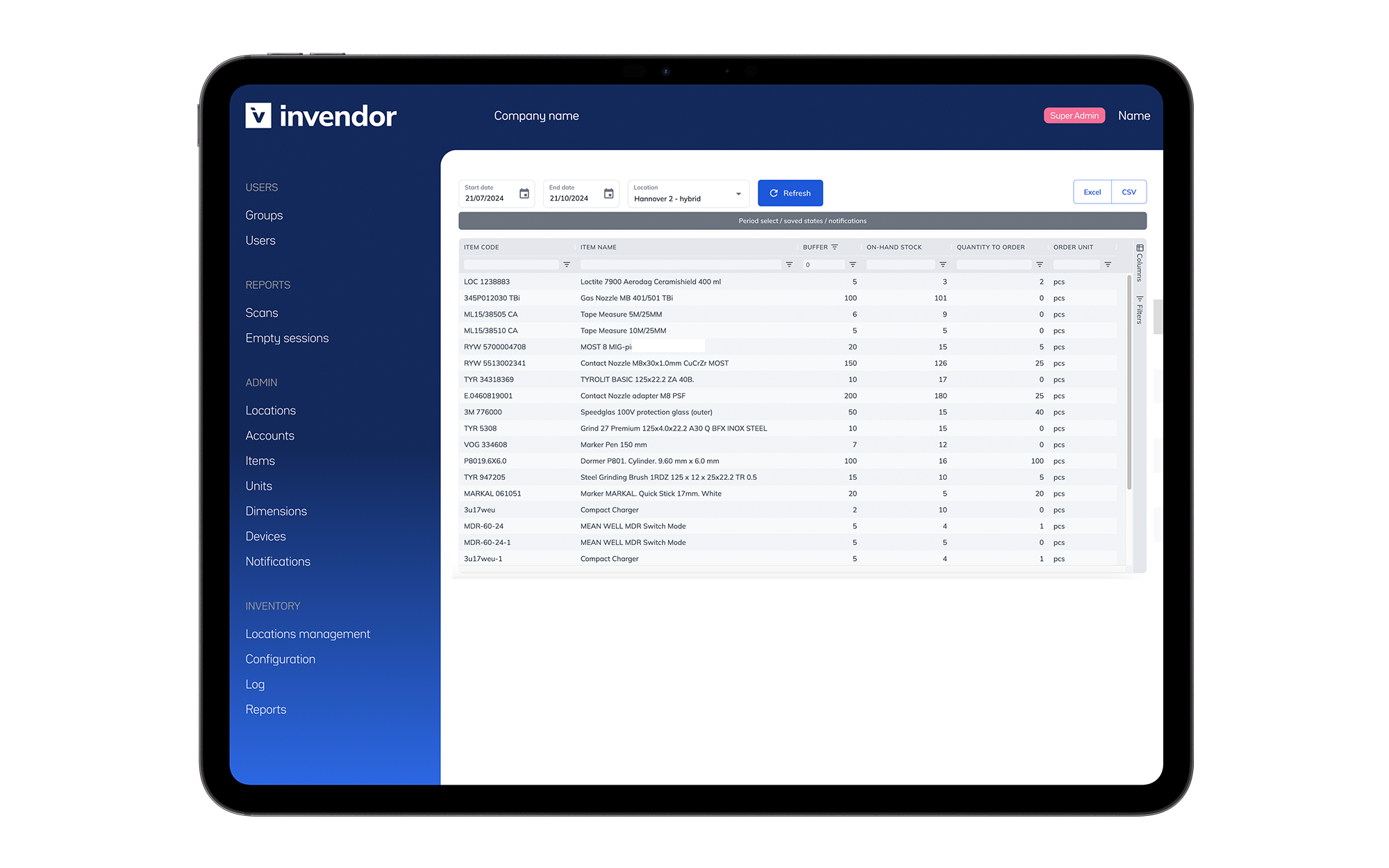 Tablet screen displaying the Invendor web portal inventory management software interface, showing an inventory table with item codes, descriptions, and stock levels, alongside navigation options on a blue sidebar.