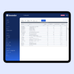 Tablet screen displaying the Invendor inventory management software interface, showing an inventory table with item codes, descriptions, and stock levels, alongside navigation options on a blue sidebar.