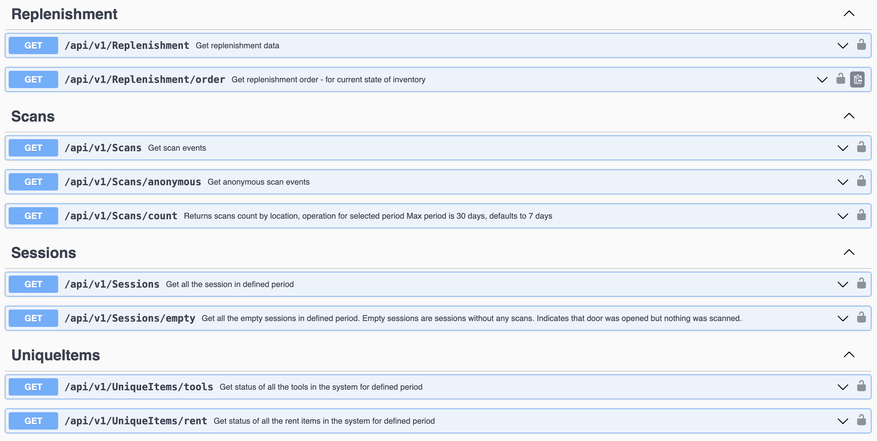 API documentation for Replenishment, Scans, Sessions, and UniqueItems endpoints, detailing GET operations with descriptions and parameters.