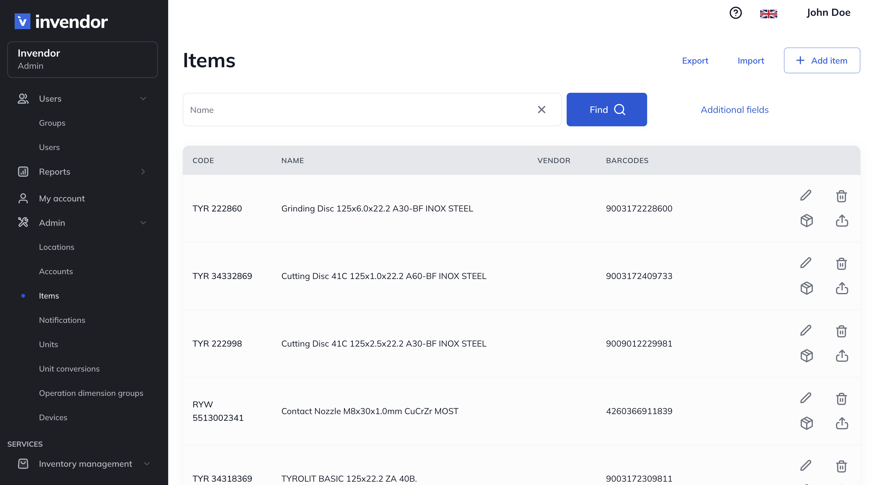 Invendor dashboard displaying the 'Items' page with a list of inventory items, including codes, names, vendors, and barcodes, alongside a navigation menu on the left.
