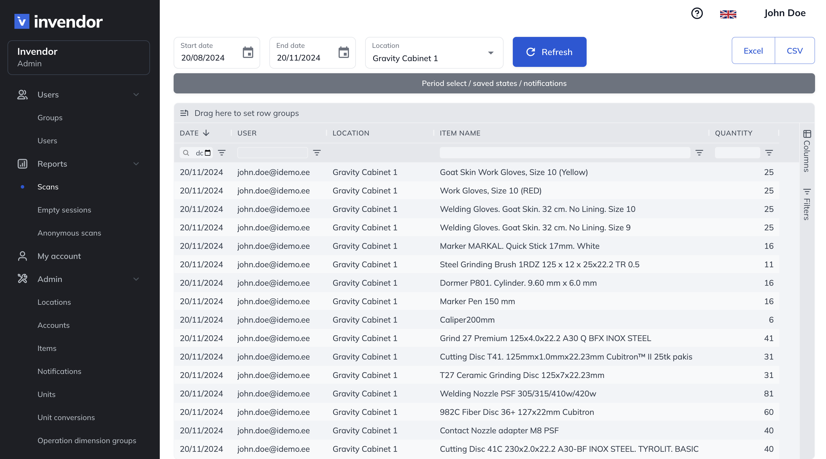 Invendor dashboard displaying a detailed log of inventory transactions, including dates, users, locations, item names, and quantities, with filtering options and a navigation menu on the left.