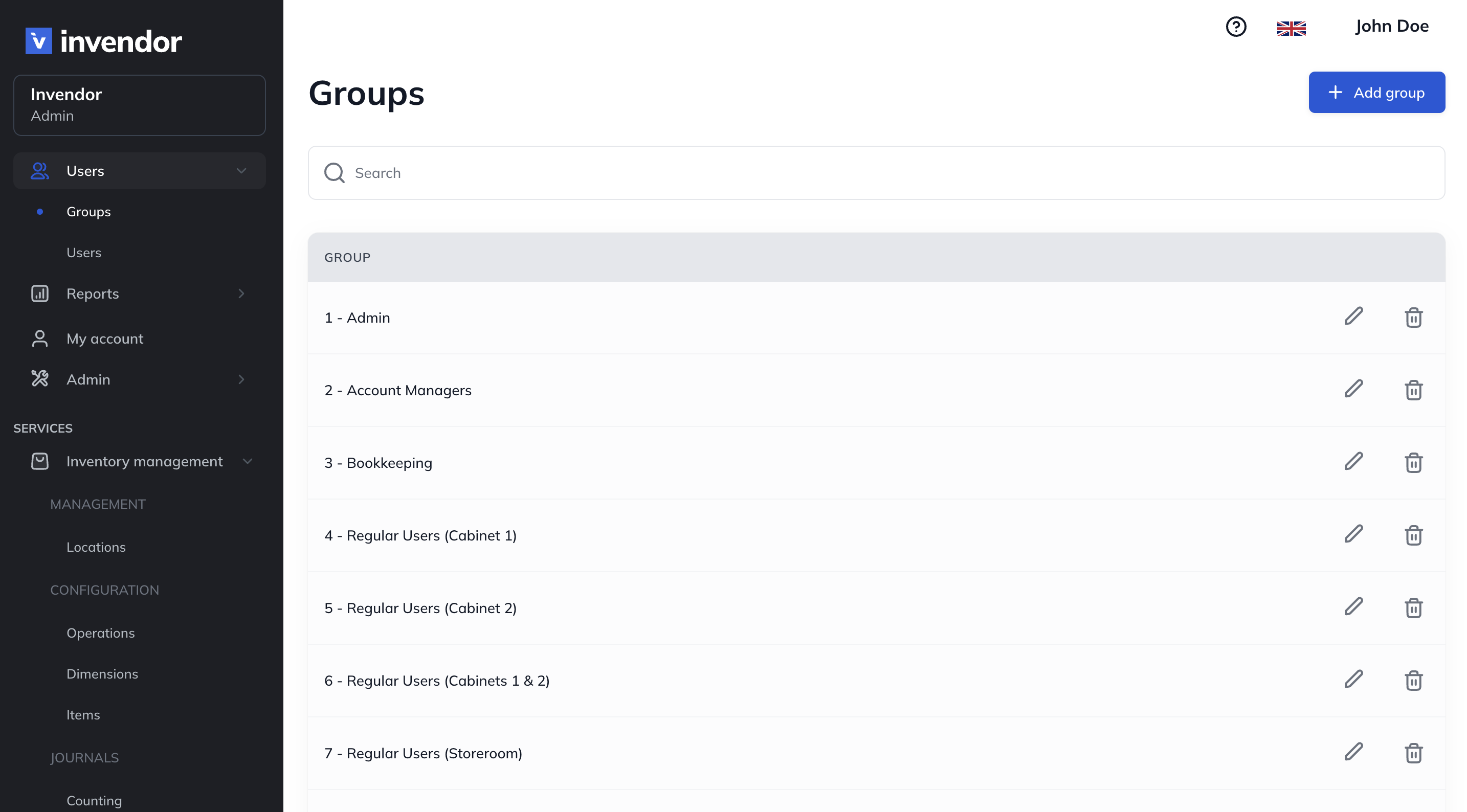 Invendor dashboard displaying the 'Groups' page with a list of user groups and options to edit or delete them, alongside a navigation menu on the left.