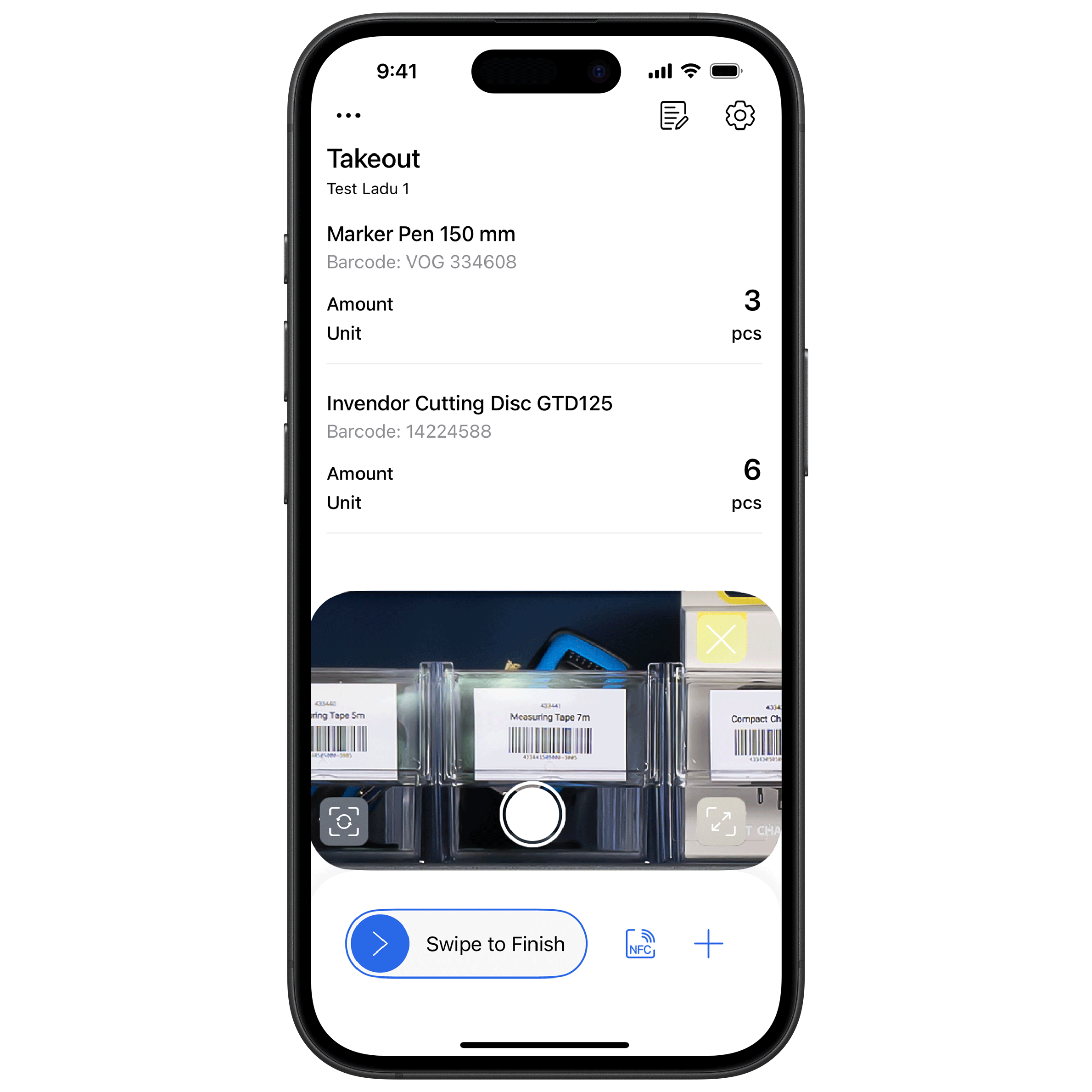 Inventory app showing items with quantities, barcodes, and a swipe-to-finish button.