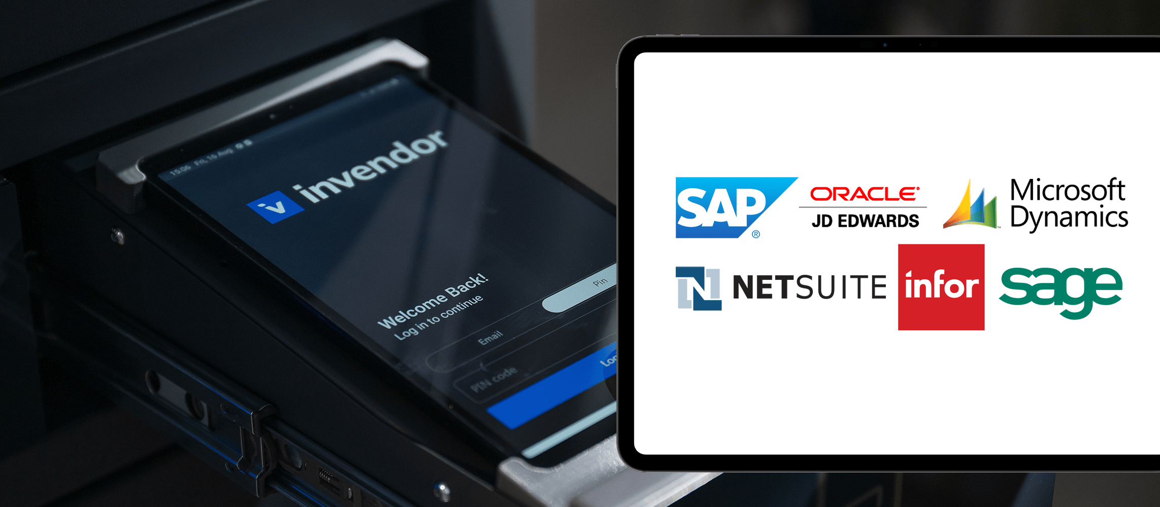 Tablet displaying logos of ERP systems like SAP, Oracle, Microsoft Dynamics, NetSuite, Infor, and Sage, alongside a device running the Invendor app.