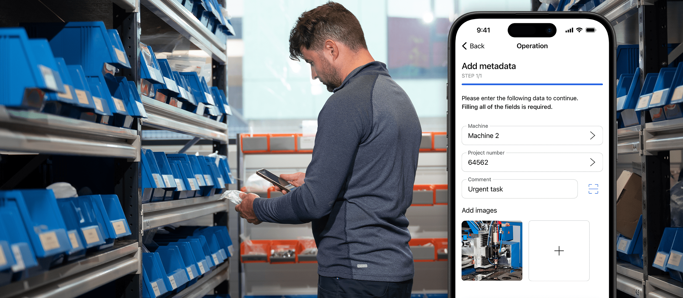 Man is holding an item in one hand and scanning it with smartphone, in front is display of a smartphone featuring items that have been scanned.