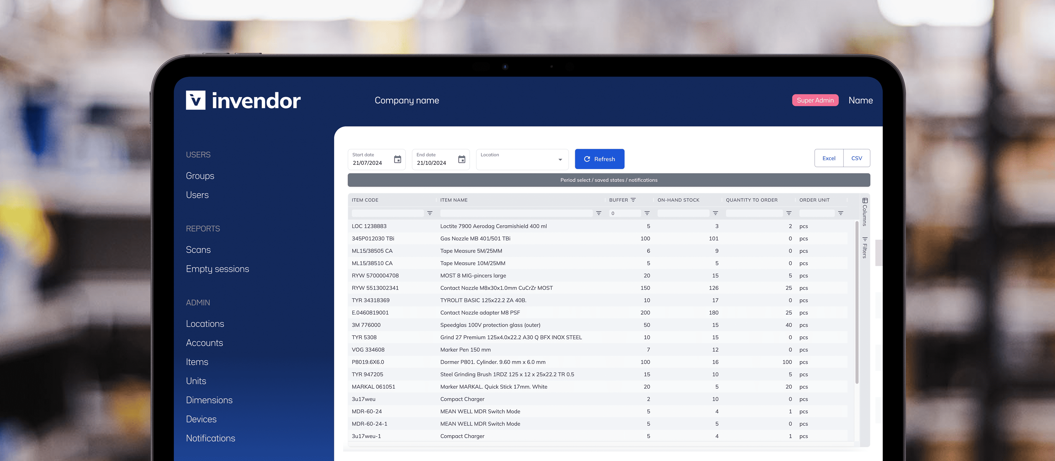 Tablet screen displaying the Invendor inventory management software interface, showing an inventory table with item codes, descriptions, and stock levels, alongside navigation options on a blue sidebar.