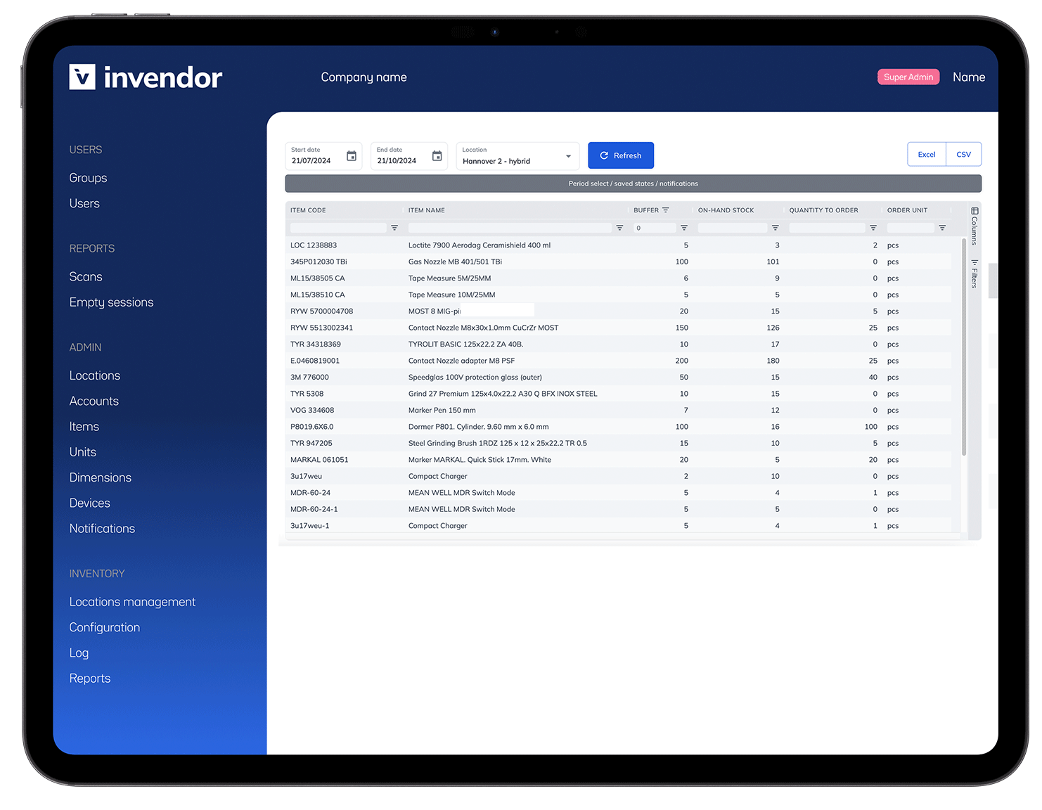 Tablet screen displaying the Invendor web portal inventory management software interface, showing an inventory table with item codes, descriptions, and stock levels, alongside navigation options on a blue sidebar.