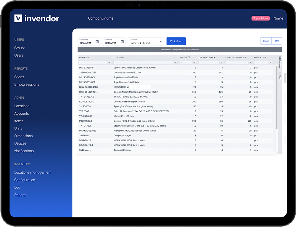 Tablet screen displaying the Invendor inventory management software interface, showing an inventory table with item codes, descriptions, and stock levels, alongside navigation options on a blue sidebar.