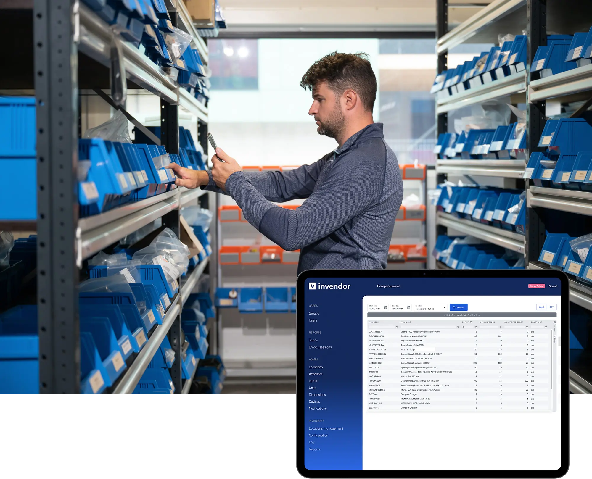 Man is holding an item in one hand and scanning it with smartphone, in front is display of a tablet featuring items that have been scanned.