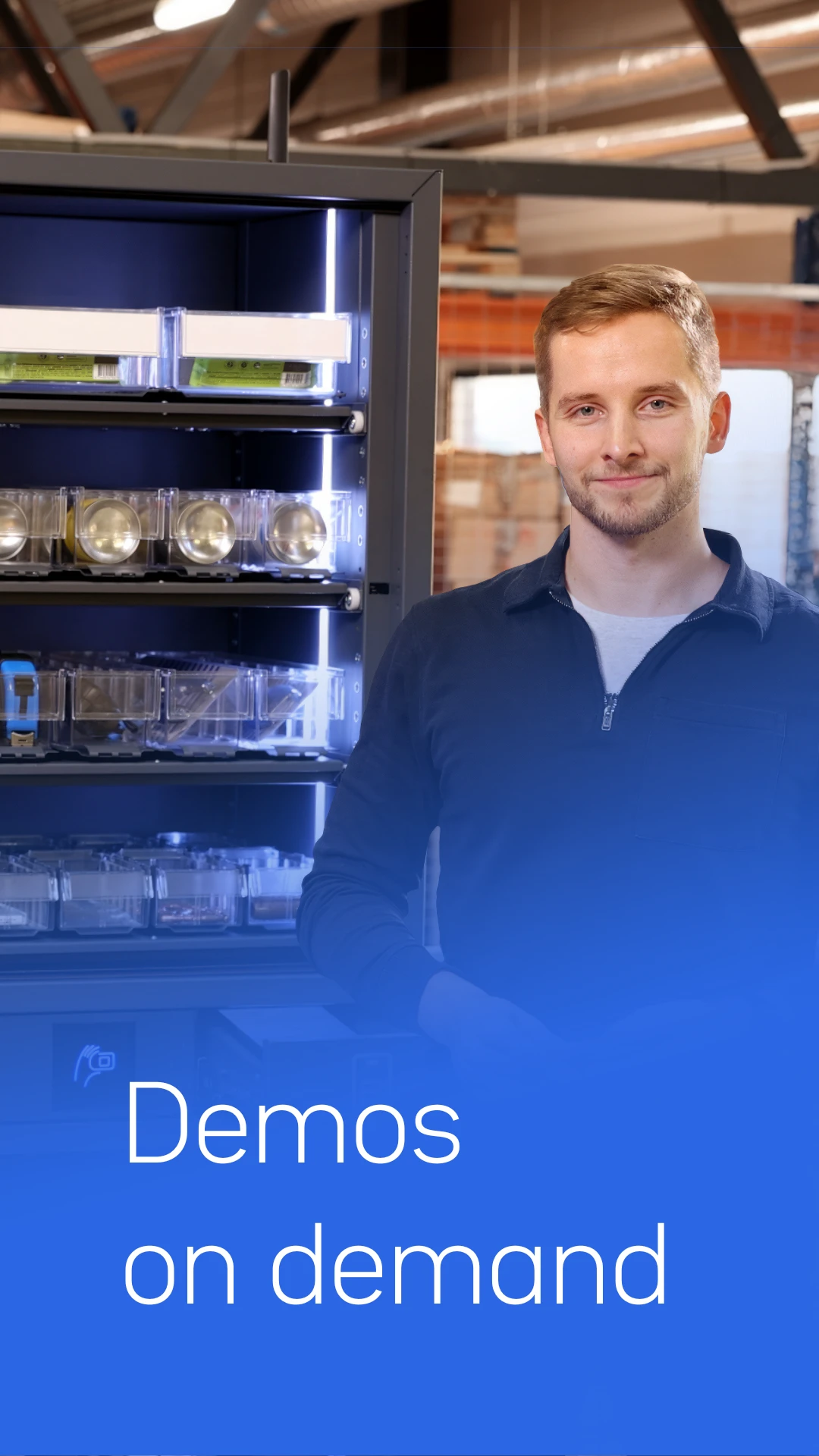 A smiling man is standing in front of a vending machine. On the photo is a text, demos on demand.