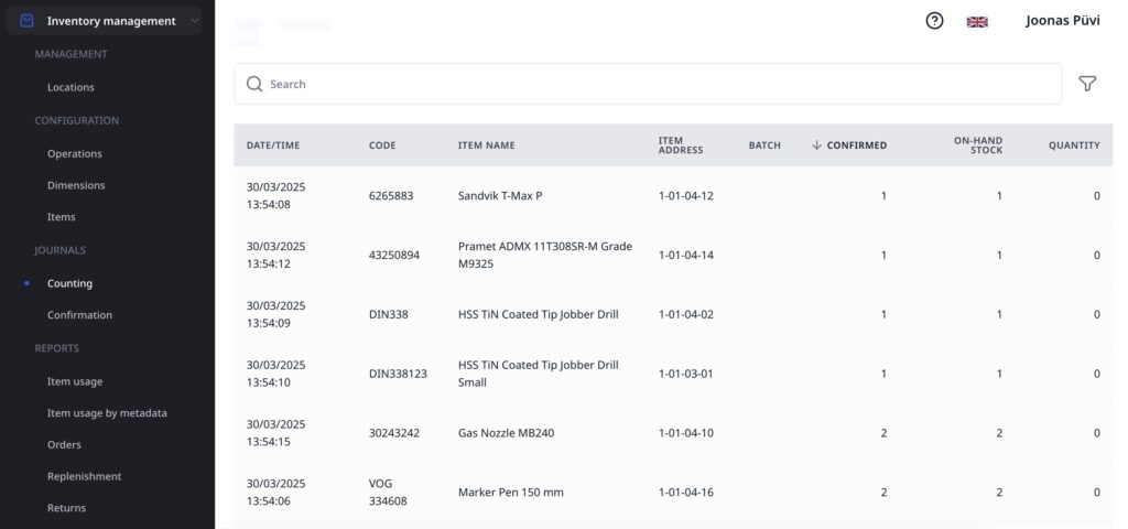 Screenshot of Invendor's web portal, showing the updated stock quantities.